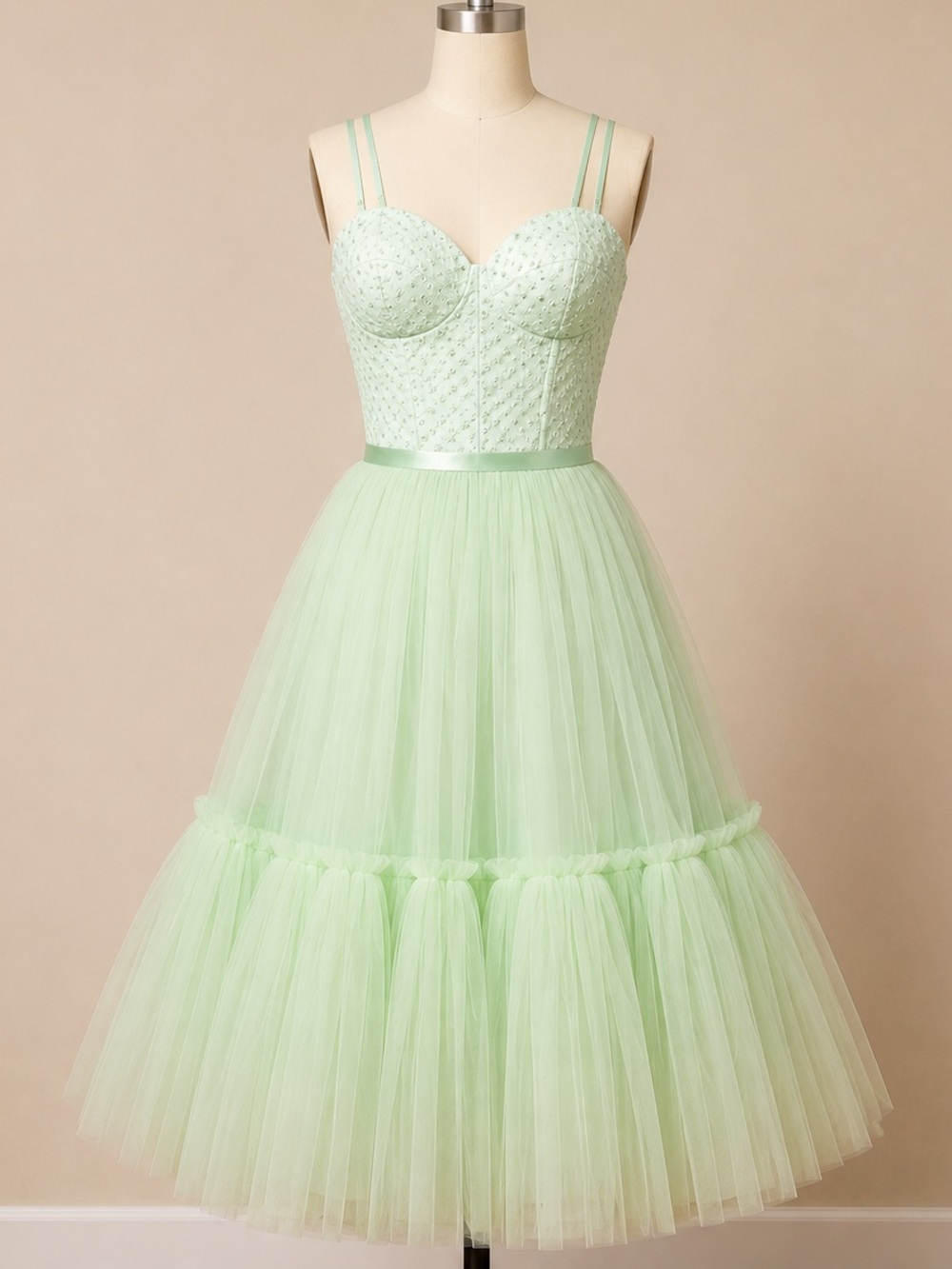 HANDMADE TIFFANYSLABEL GREEN DRESS EMBROIDERED TEXTURE TOP | TULLE | M(6-8) - Picture 7 of 10
